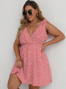 SHEIN Holidaya 大尺碼女士夏季重疊V領心形印花肩結無袖連衣裙 - 粉色 - 查看 5