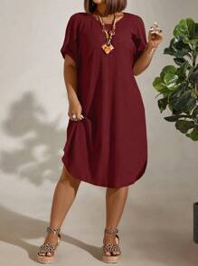 EMERY ROSE Plus Size Solid Color Batwing Sleeve Asymmetrical Hem Casual Summer Dress, Burgundy Color Women Outfit - Burgundy - View 4