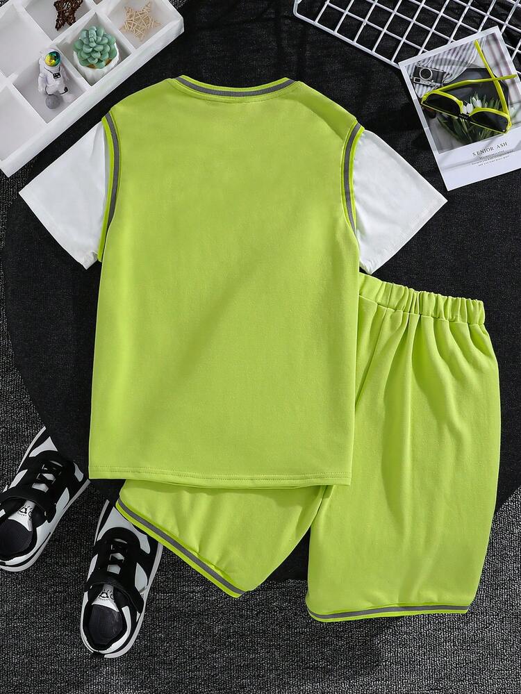 Tween Boys' Loose Sports Crew Neck Letter Pattern Two-In-One Short-Sleeved T-Shirt And Shorts Two-Piece Set