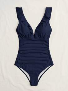 Swim Basics Đồ bơi một mảnh có viền xù có dây buộc xếp li màu trơn, hở lưng - Màu xanh hải quân - Xem 3