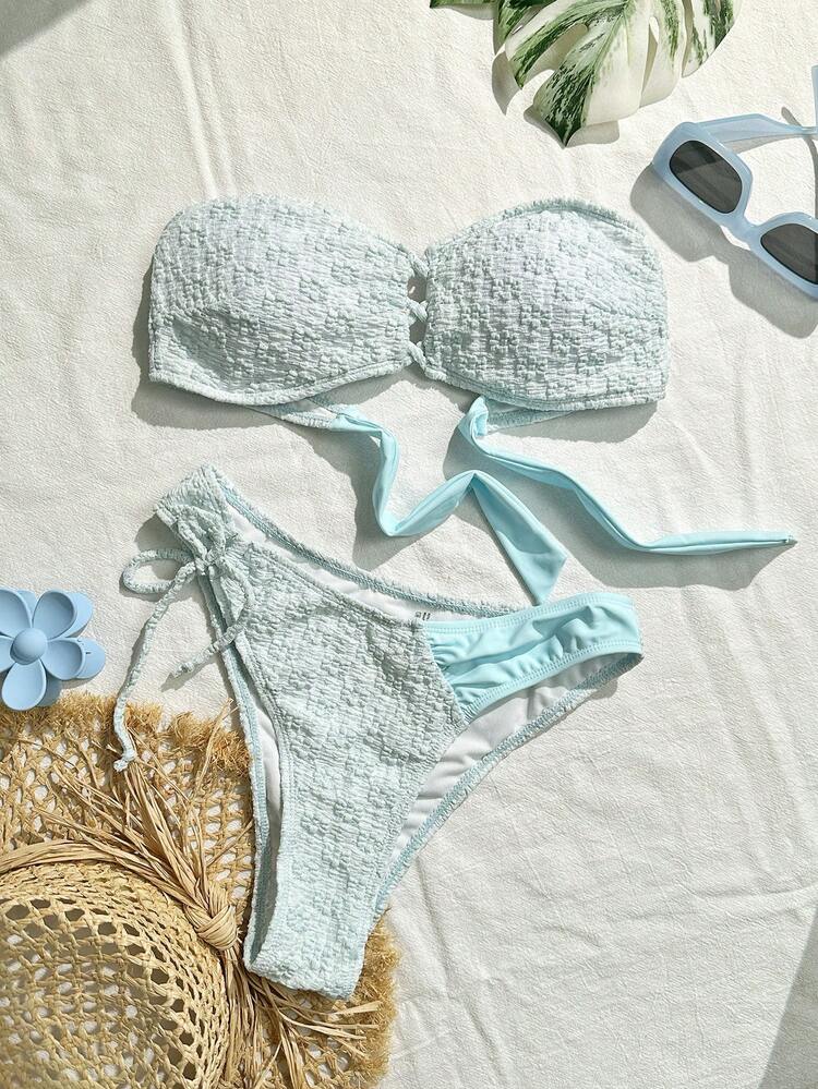 Summer Women Strapless Bandeau Bra And Patchwork Swimwear Bikini Set