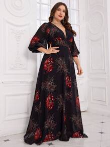 SUPGIR [Stampa floreale casuale] Abito da ballo in chiffon di alta qualità elegante ed elegante con maniche lanterna a pieghe con scollo a V e stampa floreale casuale stampata in 3D digitale