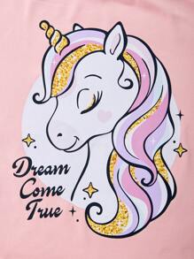 SHEIN Tween Girl Cartoon Unicorn & Letter Print Short Sleeve T-Shirt Combo