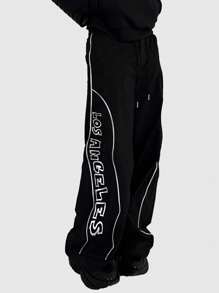 ROMWE MEN Street Life Men Slogan Printed Baggy Pants, Suitable For Daily Wear In Spring And Summer, School - Black - View 3