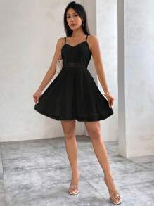 Firerie Wedding Journal Lace Splice Women Solid Color Sleeveless Dress With Lace Hem - Black - View 6