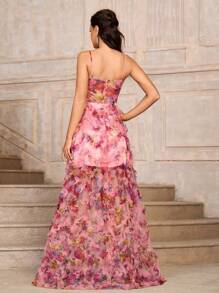 SHEIN Belle Elegant Spaghetti Strap Sweetheart Neckline 3D Floral Printed See-Through A-Line Women Evening Dress (Heavy Duty) - Multicolor - View 2