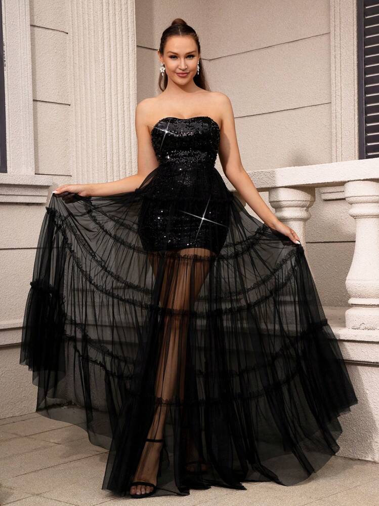 Formal Party Shein Dresses Mesh Overlay Split Thigh Tube Dress  Elonnashop
