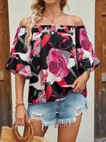 Breezaya Summer Floral Print Off Shoulder Vacation Loose Shirt - Hot Pink - View 4