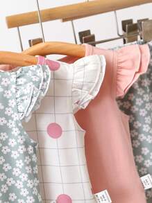 SHEIN Playful Pals 3件套嬰兒女寶寶休閒時尚藝術設計上衣和短褲，帶有花卉、格子和純色印花 - 彩色 - 查看 5