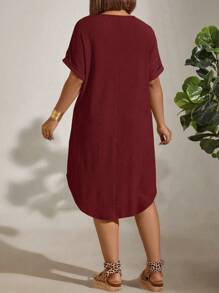 EMERY ROSE Plus Size Solid Color Batwing Sleeve Asymmetrical Hem Casual Summer Dress, Burgundy Color Women Outfit - Burgundy - View 2