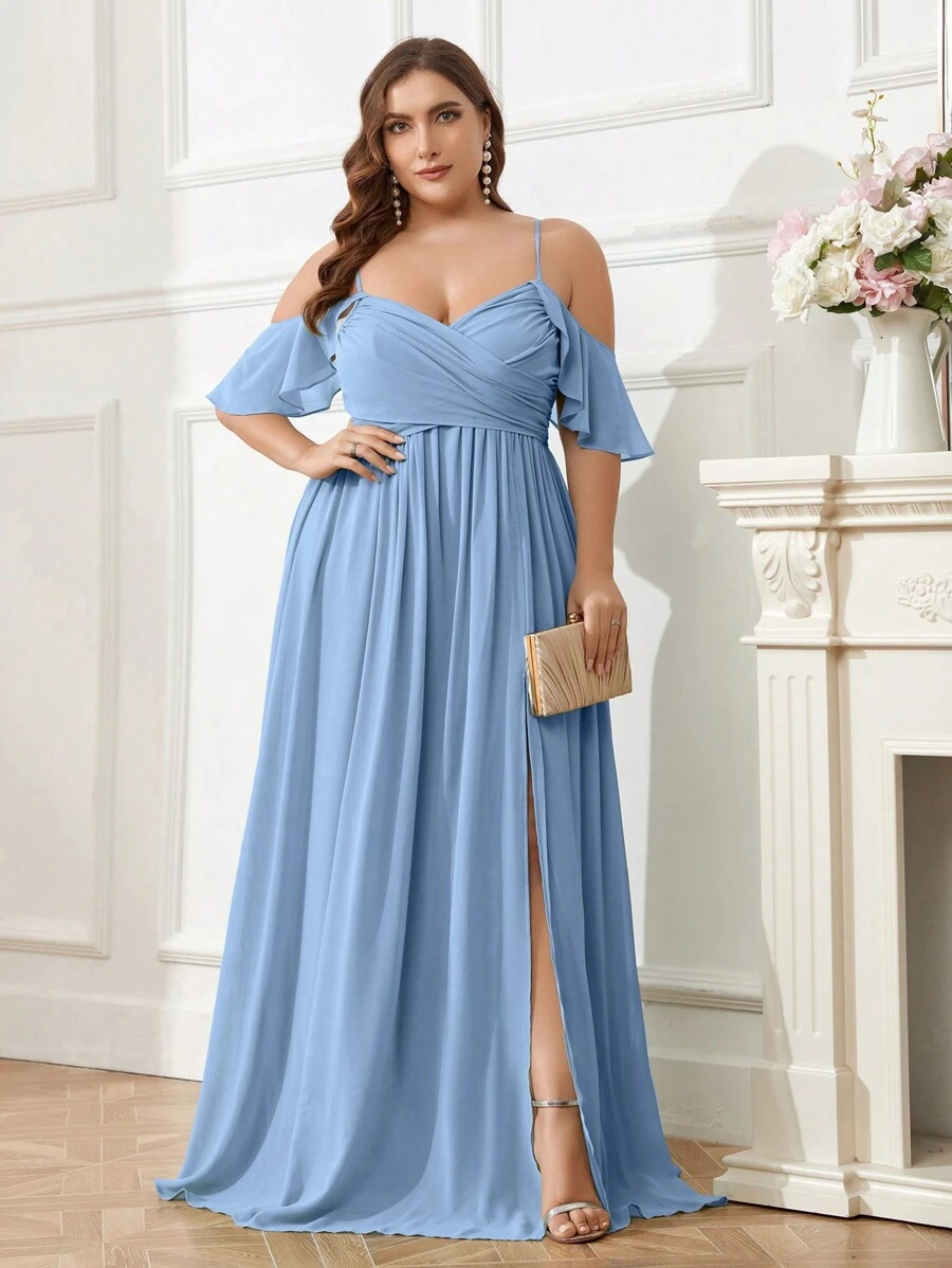 SHEIN Belle Kích thước lớn Vai Cắt ra Chiffon Váy phù dâu Với Mặt trước Xù Dây thắt lưng , Cái nĩa cao Và Thả Đũng quần - Màu xanh bụi bặm - Xem 1