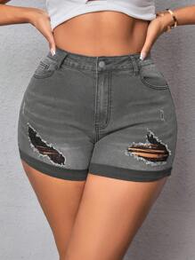 Slaydiva Plus Size Summer Ripped Rolled Hem Slim Fit Stretch Denim Shorts - Light Grey - View 6