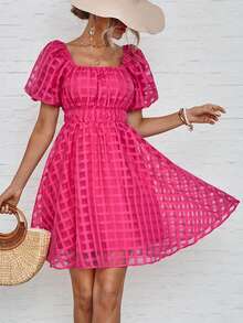 Summer Pink Plaid Mesh Puff Sleeve Dress - Hot Pink - View 4