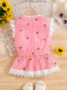 Tween Girl Summer Casual Lace & Patchwork & Ditsy Floral Print Blouse - Pink - View 2