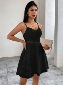 Firerie Wedding Journal Lace Splice Women Solid Color Sleeveless Dress With Lace Hem - Black - View 5