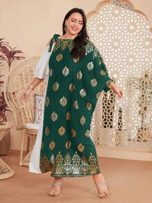 Mulvari 大尺碼女士直筒寬鬆連衣裙，不對稱領口和金箔花卉印花設計 - 墨綠色 - 查看 3