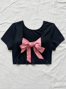 Dreamara Camiseta Sexy Recortada Con Diseño De Nudo De Lazo De Bloque De Color Negro Para La Espalda De Talla Grande Para El Verano