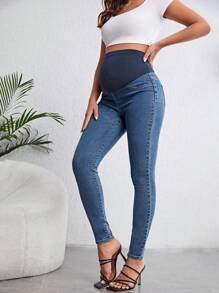 SHEIN Pregnant Women Color Block Splicing High Waisted Slim Fit Denim Pants For Maternity Jeans - Dark Wash - View 5