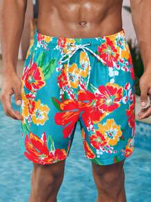 Manfinity VDAYZ 1 pieza Pantalón corto de playa con estampado floral gráfico para hombres, traje de baño a juego para parejas, para la playa, vacaciones, hawaiano