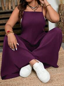 EMERY ROSE Plus Size Textured Fabric Square Collar Casual Jumpsuit