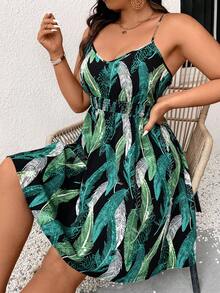 SHEIN Frenchy 大碼夏季假日羽毛印花綁腰細肩帶連身裙 - 彩色 - 查看 3