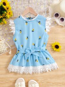 Maglietta senza maniche estiva per ragazze Tween con pizzo , fiori e patchwork