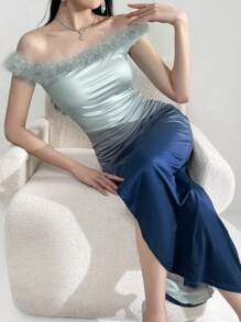 Modelyn 羽毛装饰渐变色露肩开衩连衣裙长款晚礼服 - 彩色 - 查看 3