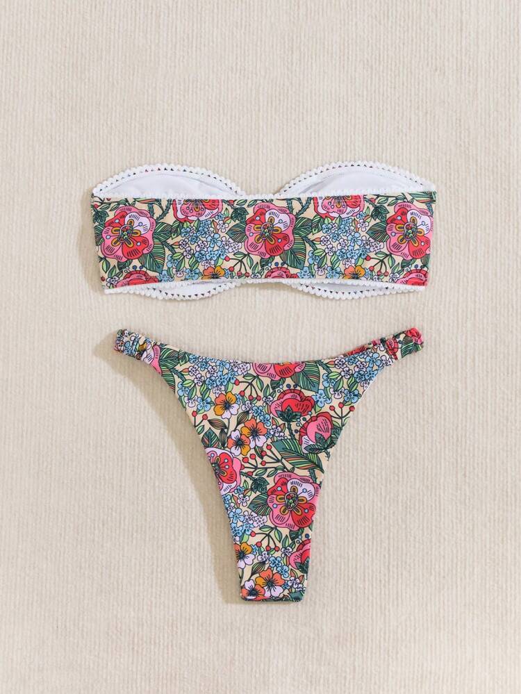 Random Floral & Plant Pattern Print 2pcs Bikini Set For Vacation,Summer Beach