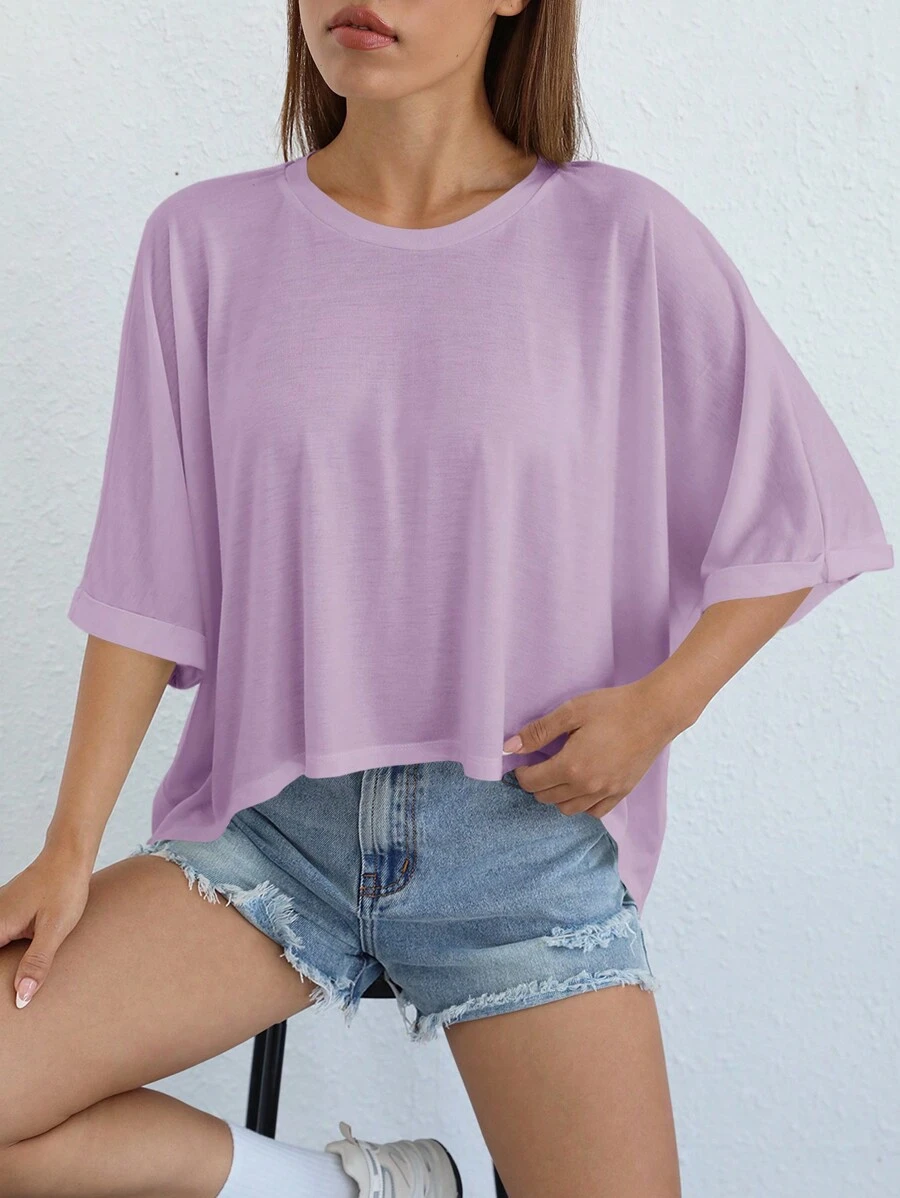 SHEIN EZwear Knitted Women's Casual T-Shirt With Asymmetrical Hem, Solid Color, Round Neck And Batwing Sleeve - Lilac Purple - View 1