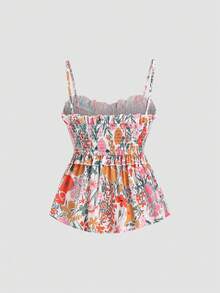 Sweetra Phụ nữ Phong cách kỳ nghỉ hè có in hình Ruffle Hem Spaghetti Strap Top với diềm xếp nếp - Màu be - Xem 2