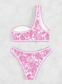 SHEIN Swim Summer Beach Women Vacation Plant Print One-Shoulder Sleeveless Bikini Set - Pink - View 2
