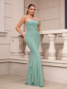 SHEIN Belle Women's Strapless Small V-Neck Silver-Plated Fishtail Dress,Elegant Asymmetrical Ruffle Trim Parent-Child Evening Prom Party Formal Wedding Gown - Green - View 4