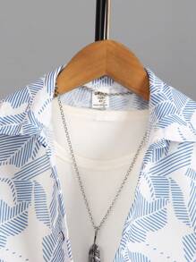SHEIN Conjunto de camisa de manga corta y pantalones cortos de lino con estampado tropical de plantas para niño joven, ideal para vacaciones de verano
