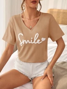 SHEIN Frenchy Cotton Heart & Letter Pattern Drop Shoulder Tee Summer Tops Vacation Clothes