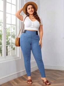 SHEIN SXY 時尚純色修身牛仔褲，適合大尺碼女性 - 淺色水洗藍 - 查看 6