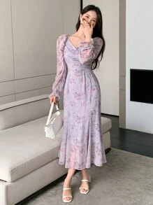 DAZY Vestido con estampado total, mangas farol, cremallera y volantes con estampado floral para mujer - Morado - Ver 3