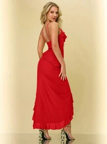 SHEIN BAE Váy không tay viền bất đối xứng thời trang dành cho nữ - Đỏ - Xem 2