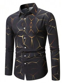 Manfinity Homme Men Spring Geometric Print Casual Long Sleeve Shirt Slim Fit Button Up Black Shirt For Husband, Geometric Print Men, Men's Luxury Shirt, Black Geometric Shirt, For Fall - Black - View 3