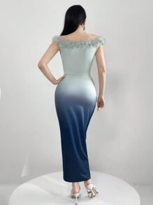 Modelyn 羽毛装饰渐变色露肩开衩连衣裙长款晚礼服 - 彩色 - 查看 4