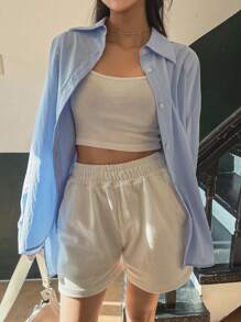 DAZY Women Spring Loose Shoulder Long Sleeve Casual Shirt Solid Color - Blue - View 6