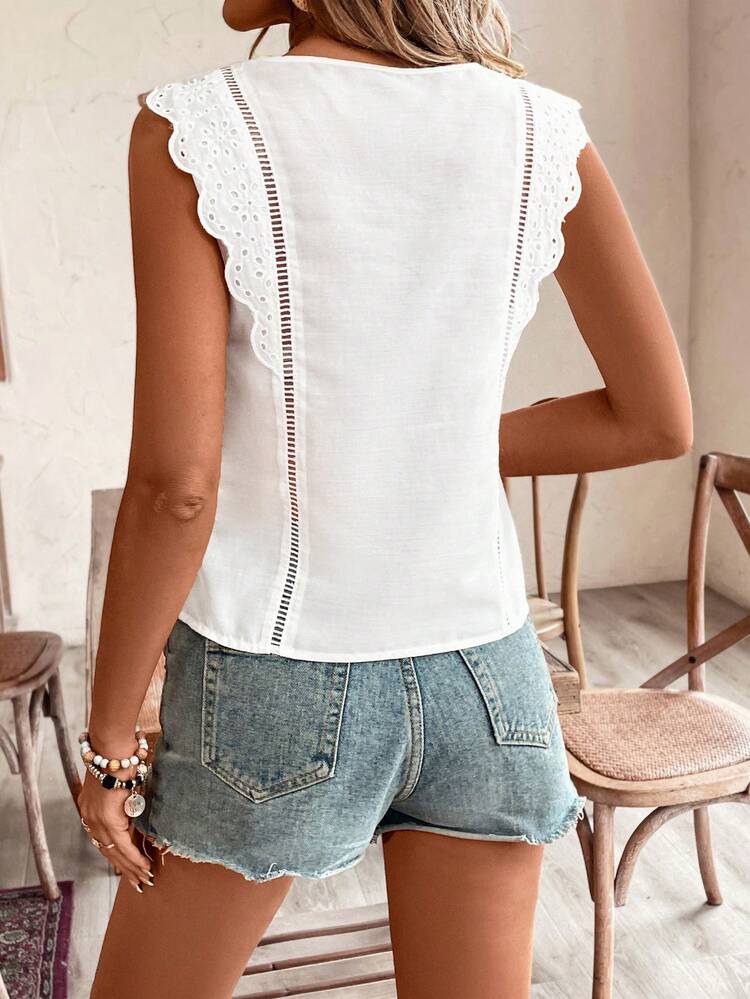 Women Solid Color Hollow Out Embroidery Splicing Sleeveless Shirt Summer, Butterfly Sleeve, Eyelet Embroidery White Casual