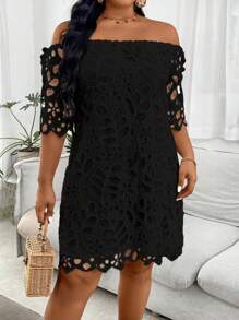 SHEIN Clasi Plus Size Summer Simple Lace Soluble Off Shoulder Dress - Black - View 4