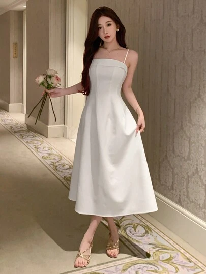 DAZY 女士时尚纯色吊带吊带返校节礼服舞会礼服优雅太阳裙婚礼女士连衣裙