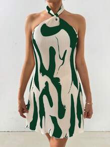 SHEIN Privé Vestido de moda de cuello halter con contraste de colores verde y blanco para mujer - Verde - Ver 6