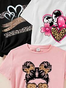 SHEIN EZwear 3 peças Meninas Coração Leopardo Laço Estampa "LOVE" Gola Redonda Manga Curta Cropped T-Shirt Apertada, Adequado Para O Verão - Multicolorido - Ver 4