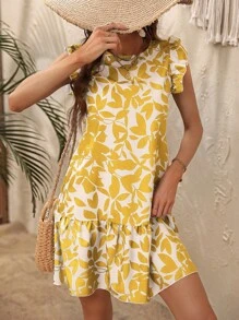 Breezaya 植物印花无袖荷叶边吊带连衣裙度假沙滩装女装 - 黃色 - 查看 5