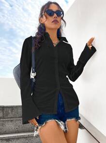 SHEIN Unity 女士紋理面料腰部聚攏修身襯衫