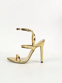 Women's Round Toe Multi-Strap Crisscross Ankle Strap Stiletto High Heel Sandals, Glamorous & For Party And Wedding, Gold,Summer Outfits - Gold - View 8