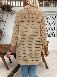 Breezaya Casual Spring Hollow Out Knit Loose Cardigan With Front Open Buttons - Khaki - View 2