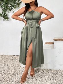 SHEIN Clasi Plus Size Women Summer Halter Neck Backless Split Hem Dress Women Outfit - Army Green - View 4